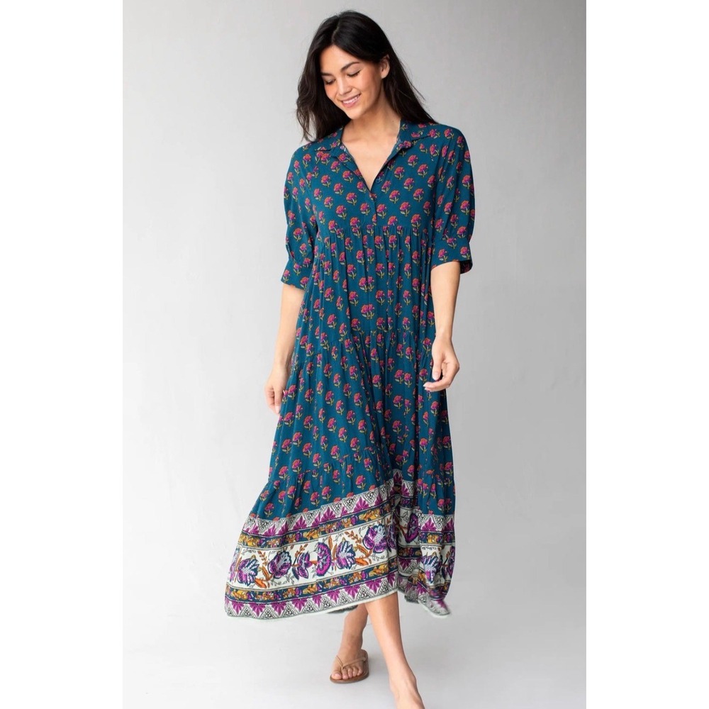NATURAL LIFE | Rebecca Midi Dress Womens L Teal Floral Boho Tiered Button Front